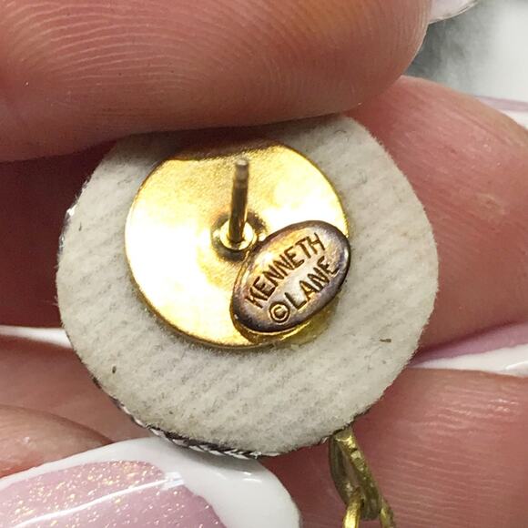 VTG Kenneth Jay Lane Metallic Thread Wrapped 3 Ball Drop Linear Earrings Runway - Picture 2 of 11